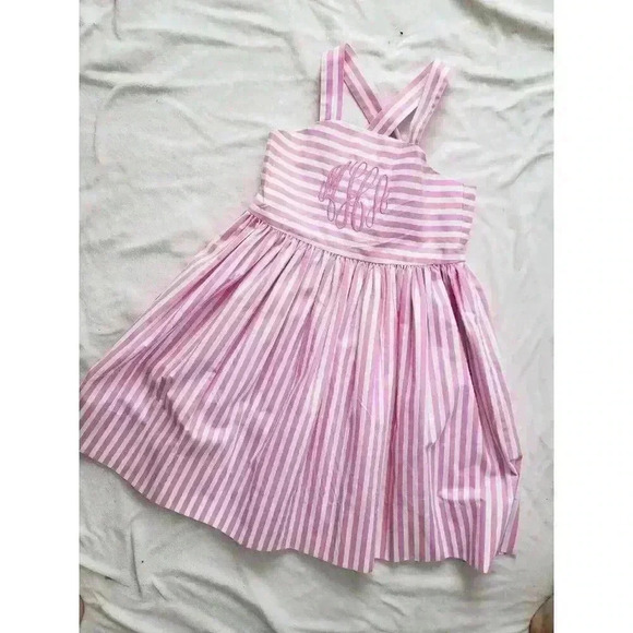 Kellys Girls Dress SIZE 4 pink white Monogrammed MHA‎ party Easter Spring Stripe - Picture 1 of 6